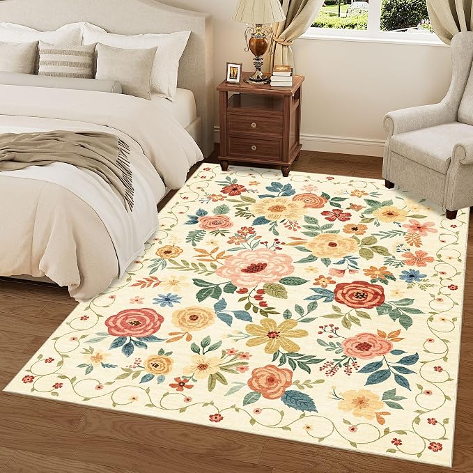 DUKINO 9x12 Area Rug for Living Room, Washable Rug Non Slip, Low Pile, Floral - Image 9