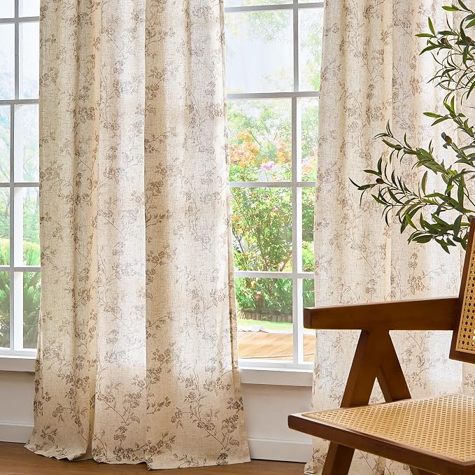 Taupe Vintage Floral Linen Curtains Farmhouse 38W X 84L 2 Panels | Elisa Series - Image 8