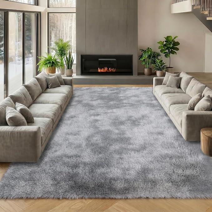 8x10 Area Rugs for Living Room, Tie-Dyed Light Grey Large Fluffy Shag Bedroom by ONASAR