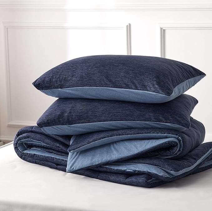 Bedsure King Comforter Set - Cooling and Warm Bed Set, Navy Blue Reversible Bedding for All Season, 3 Pieces, 1 King Size Comforter (102"x90") and 2 Pillow Cases (20"x36")