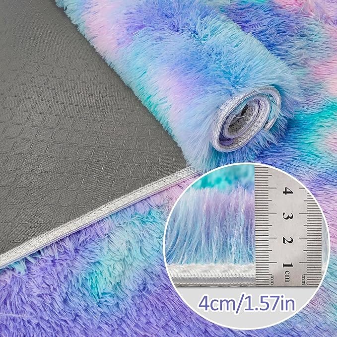 Super Soft Fluffy Living Room Area Rug 2x10 ft Purple Rainbow Tie-Dyed Shaggy - Image 5