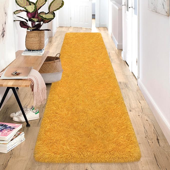 2x10 Bedside Area Rugs for Bedroom Soft Fluffy Shag Beige Yellow Rug for - Image 3