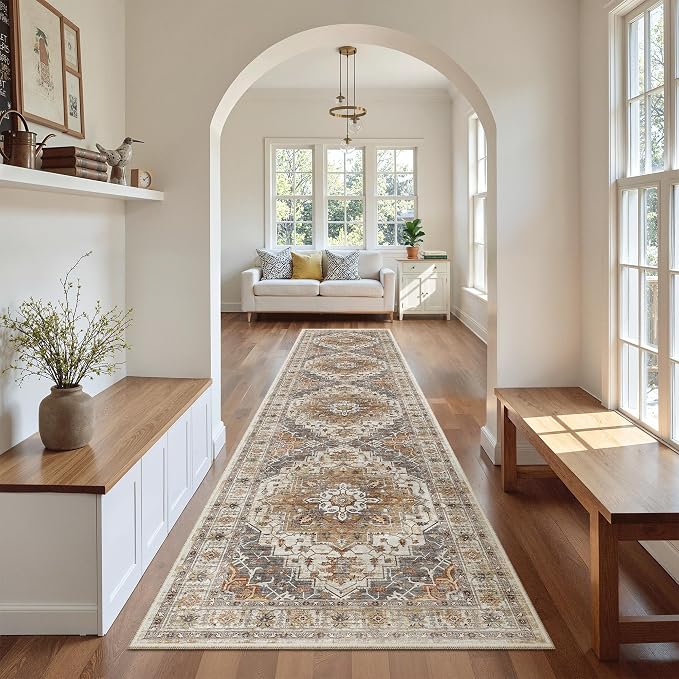 Madane Hallway Runner Rug 2'6''x12' Kitchen Runners Vintage, Turmeric/Grey | - Image 3