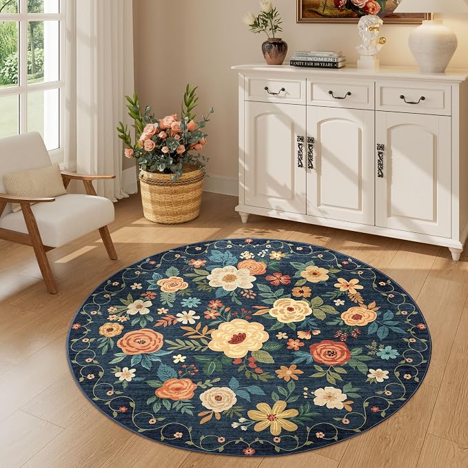 DUKINO 4ft Round Rug, Floral Washable Small Round Area Rug, Low Pile, Soft by DUKINO