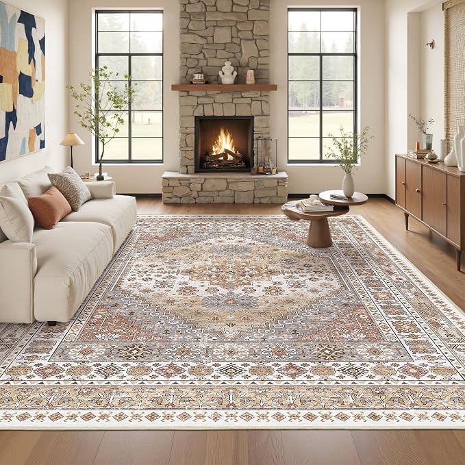 Washable Rugs 8x10 Area Rugs for Living Room, Vintage Floral Bedroom Rugs by Restydon