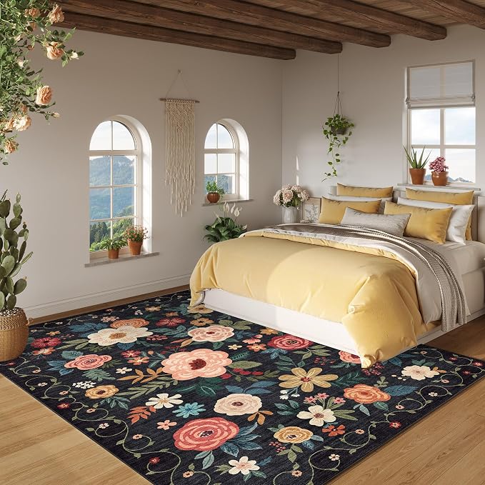 DUKINO 9x12 Area Rug for Living Room, Floral Washable Rug Non Slip, Low Pile - Image 4