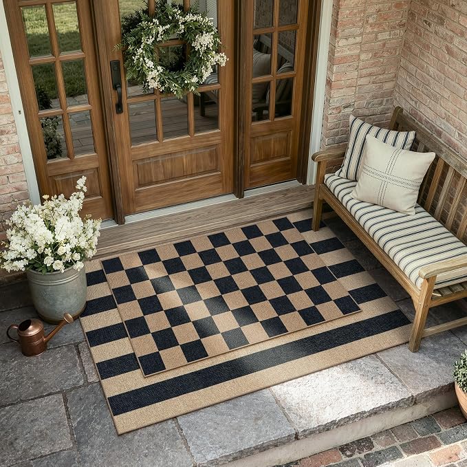 Lahome Checkered Easy Jute Front Door Mat, 2x3 Kitchen Outdoor Rug Washable | - Image 3