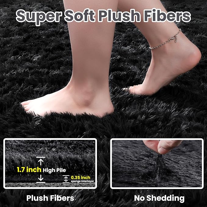 2x6 Fluffy Shag Area Rugs for Living Room Bedroom: Soft Plush Carpet Black | - Image 4