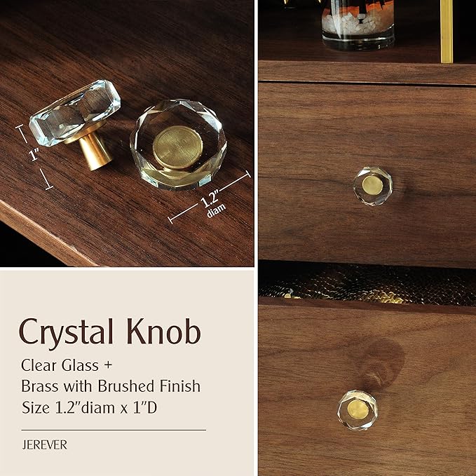 JEREVER 6 Pack Glass Crystal Knobs Brass Drawer Pull Cabinet Handle Gold Furniture Hardware for Dresser Kitchen (Polygon)