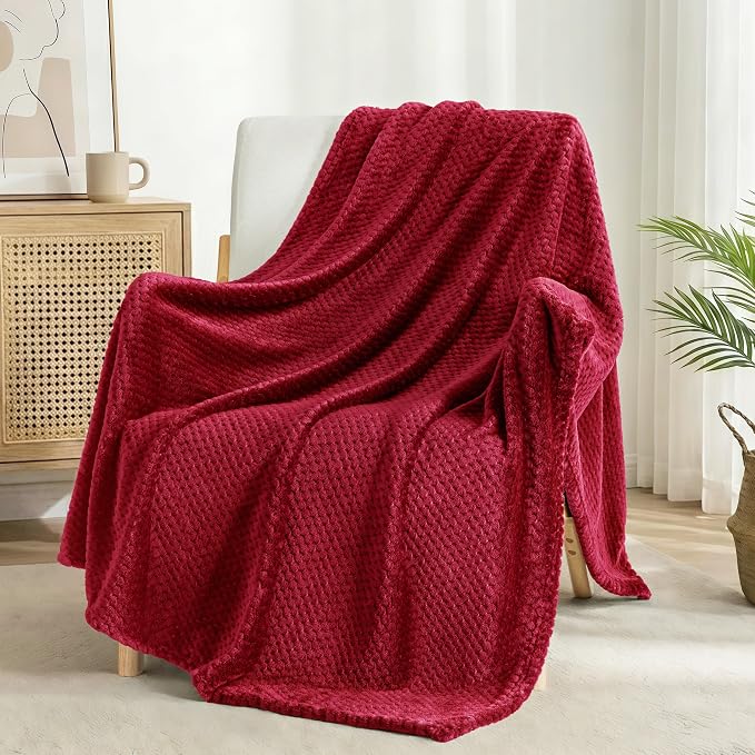 Exclusivo Mezcla Soft Waffle Fleece Bed Blanket Twin XL Size, Deep Red | - Image 4
