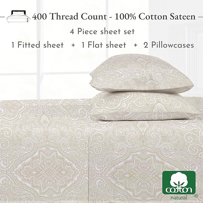 California Design Den Full Size Bed Sheets Set - 400 Thread Count Sateen, Natural 100% Cotton Sheets, Deep Pocket Cooling and Durable Bedding - Paisley Pattern, Beige