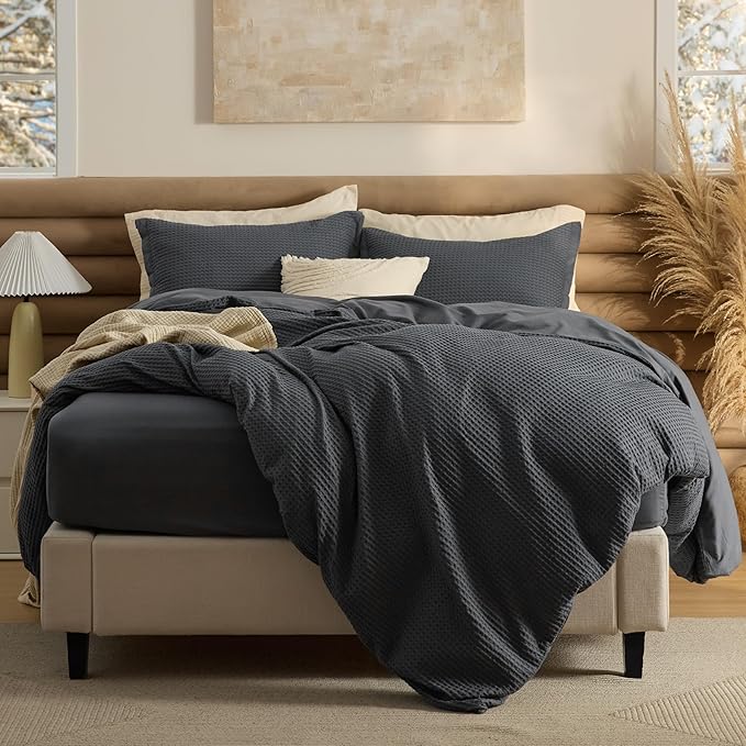 Bedsure 100% Cotton Duvet Cover King Size with Fitted Sheet - 4 Pieces Charcoal Waffle Weave Bedding Set, GentleSoft™ and Breathable, Includes 1 Duvet Cover 104x90, 1 Fitted Sheet, 2 Pillow Shams