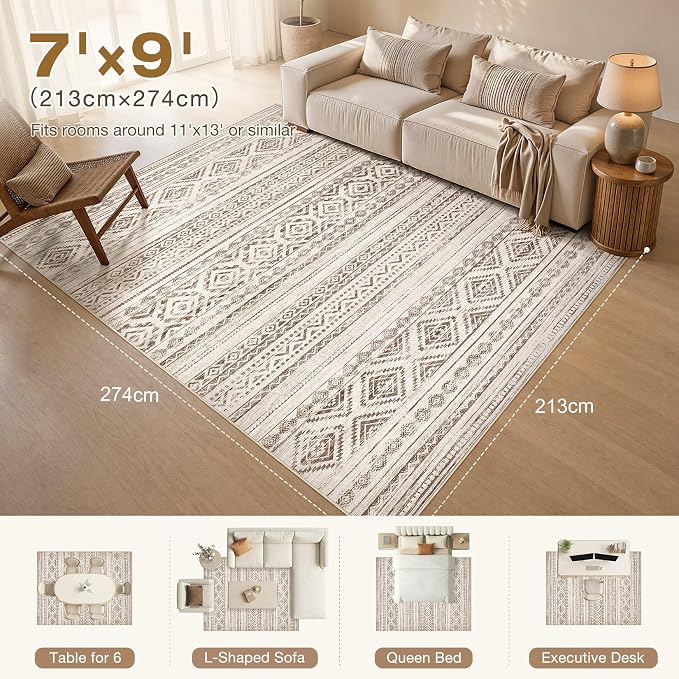 cotiled Boho 7x9 Area Rug for Living Room: Large Moroccan Washable Rug | Stain - Image 7