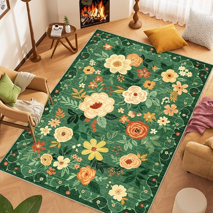 DUKINO 8x10 Area Rugs, Floral Washable Living Room Rug Non Slip, Dark Green | - Image 3