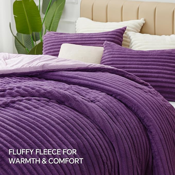BEDELITE Fleece King Comforter Set -Super Soft & Warm Fluffy Purple Bedding, Luxury Fuzzy Heavy Bed Set for Winter with 2 Pillow Cases