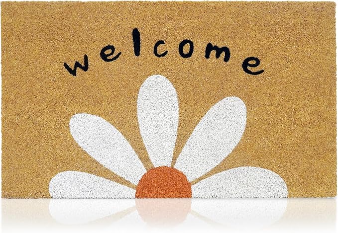 Coir Welcome Mat, Welcome Daisy, 17 x 29 in | 100% Natural Coir, Anti-Shedding by AmaruDoorMats