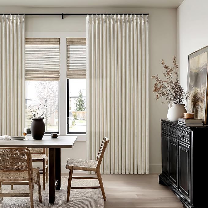 Thick Linen 86 Inches Long Semi Sheer Beige Pinch Pleated Curtains 2 Panels | - Image 2