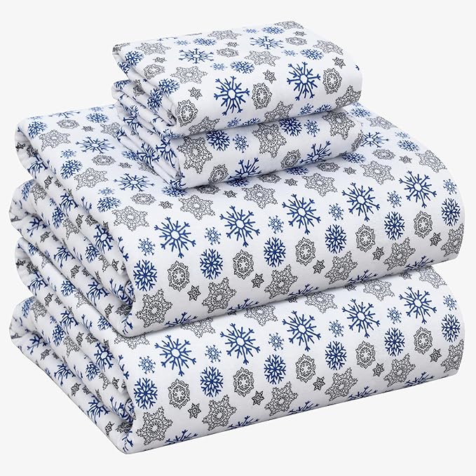 RUVANTI Flannel Sheets King Size - 100% Cotton Brushed King Size Sheets Set - Deep Pockets 16 Inches Bed Sheets - All Seasons Breathable & Extra Soft - Warm & Cozy, 4 Piece, Snow Flake Grey