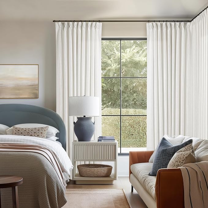 Beige White Pinch Pleated Linen 96 Inch Curtains 60 Inch Width | Linen Blend by Twodrapes