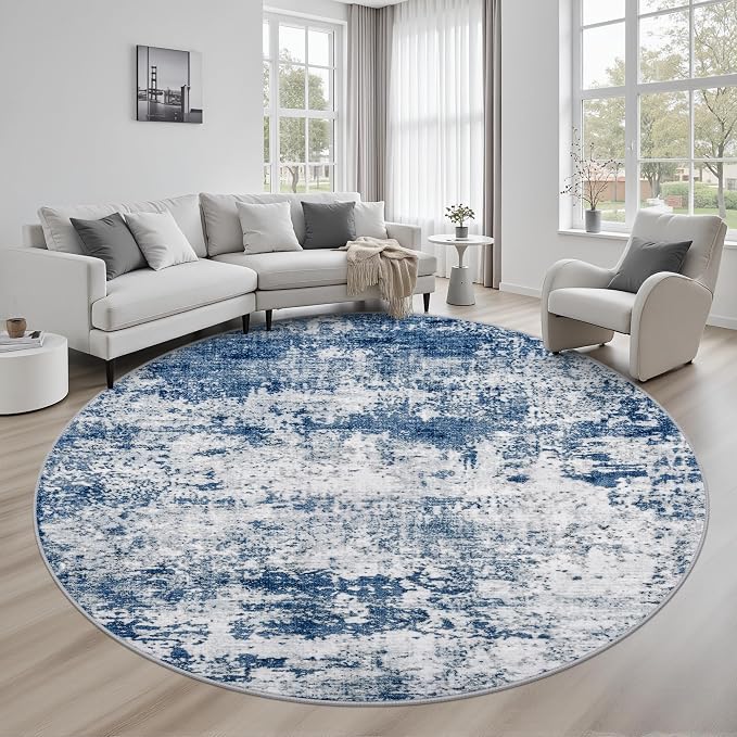 Round Area Rug Living Room: 6 ft Modern Washable Carpet Blue | by FXRHLP