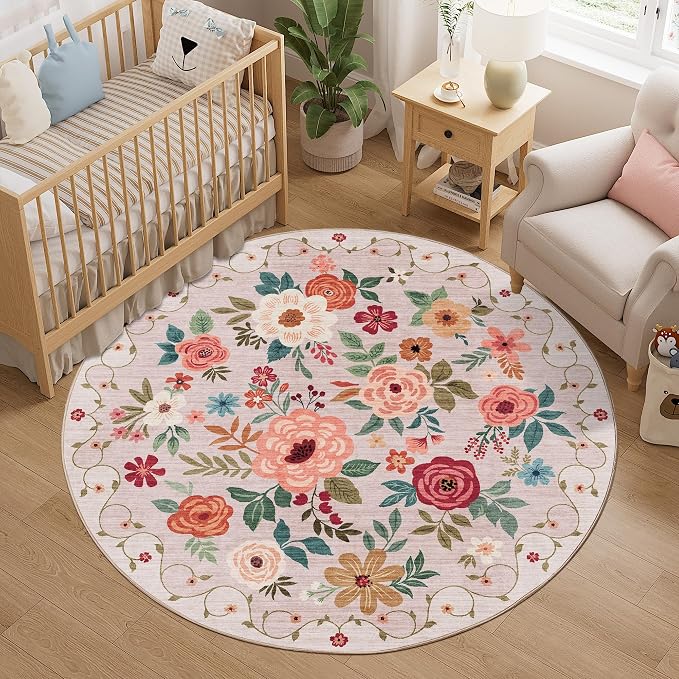 DUKINO 5ft Round Rug, Non Slip Floral Washable Small Circle Rug, Low Pile by DUKINO