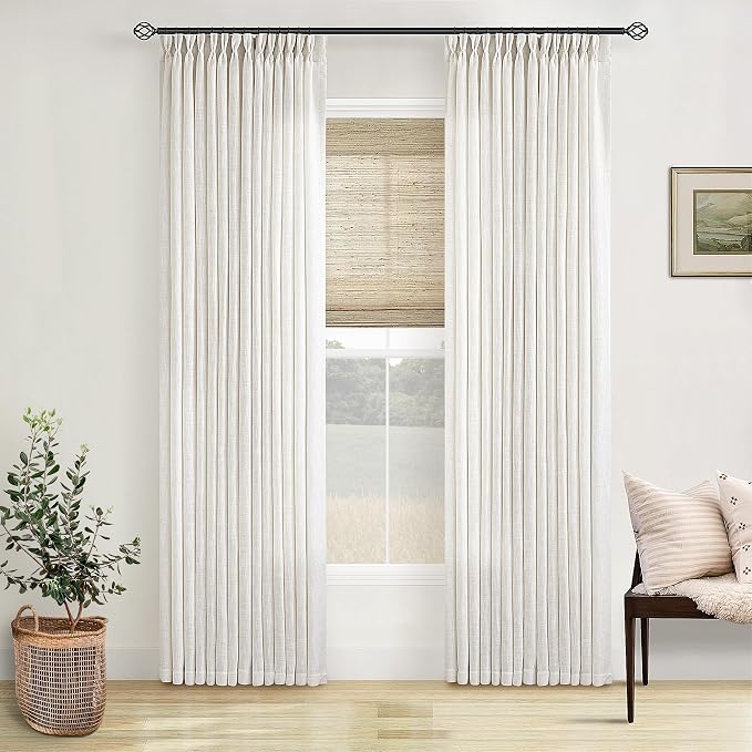 Neutral Pinch Pleated 86 Inch Curtains Semi Sheer Linen Blended, Natural | - Image 9