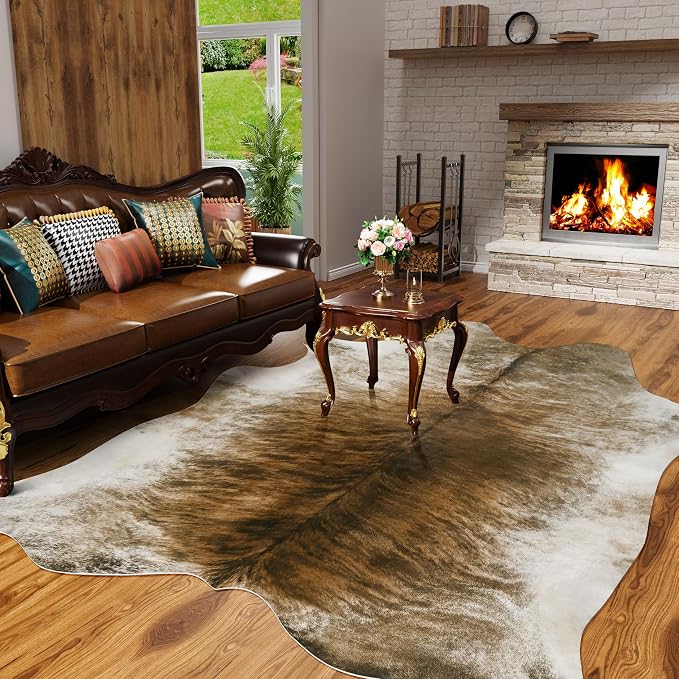 Western Faux Cowhide Rug, Animal Cow Hide Rug, 4.6 x 5.2 Ft Brownish | Premium - Image 3