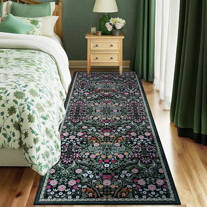 PLHXFR 2x6 Washable Runner Rug：Floral Indoor Kitchen Carpet Dark Green | - Image 2