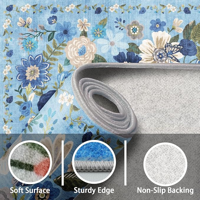 Blue Floral Area Rug 4x6 for Bedroom Dining Room | Boho Style; Low Pile; Non - Image 3