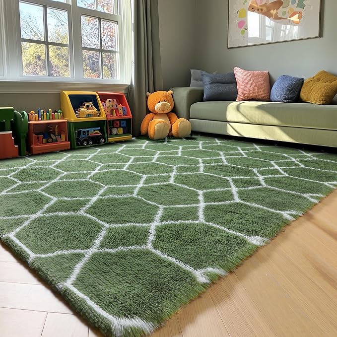 6x9 Area Rugs for Living Room Bedroom, Fluffy Olive Green and White Rug | - Image 8