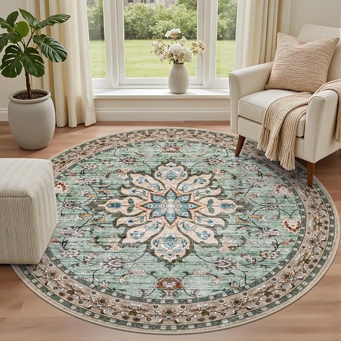 Round Area Rug for Living Room: 6ft Boho Washable Rug Brown Green | Vintage - Image 2