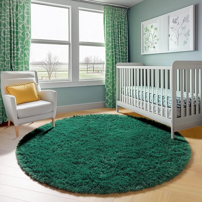 Dark Green Round Area Rug 4ft, Soft Bedroom Circle Rugs - Image 7