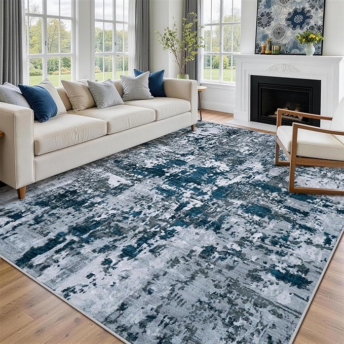 9x12 Area Rugs for Living Room Washable Bedroom Dining Room Navy Grey | Modern - Image 3