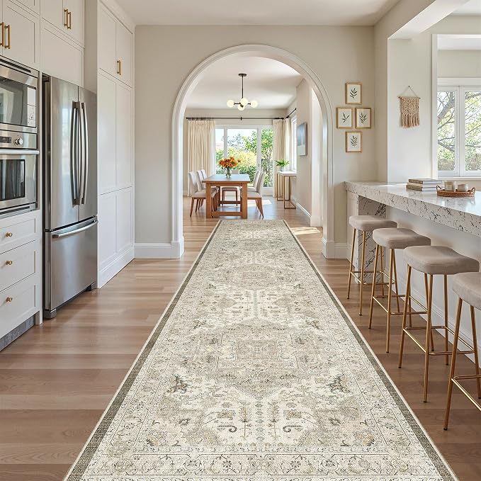 Madane Hallway Runner Rug 3x16 Washable Kitchen Runners Long, Ivory/Brown | by Madane