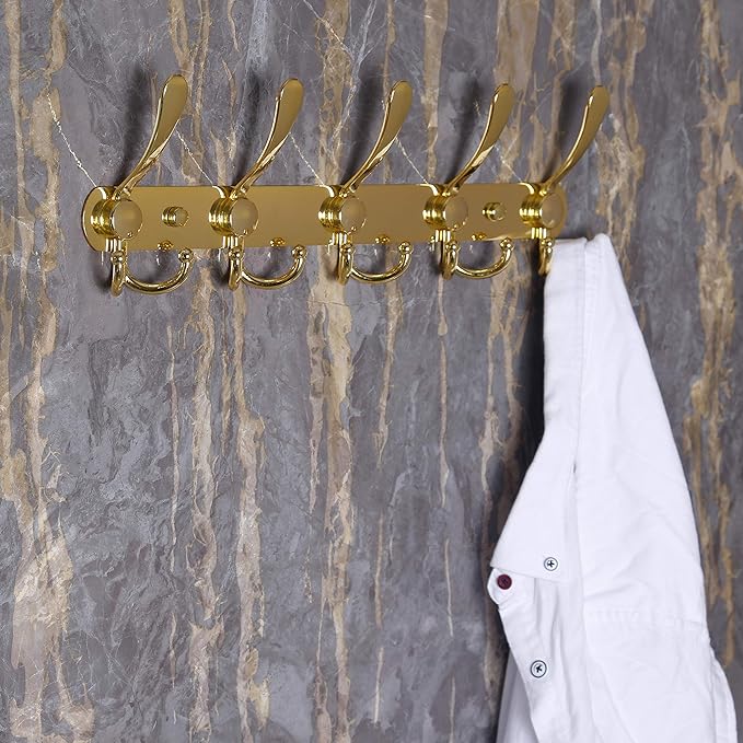 Dseap Coat Rack Wall Mounted - 5 Tri Hooks, Heavy Duty, Stainless Steel, Metal Coat Hook Rail for Coat Hat Towel Purse Robes Mudroom Bathroom Entryway (Gold, 2 Packs)