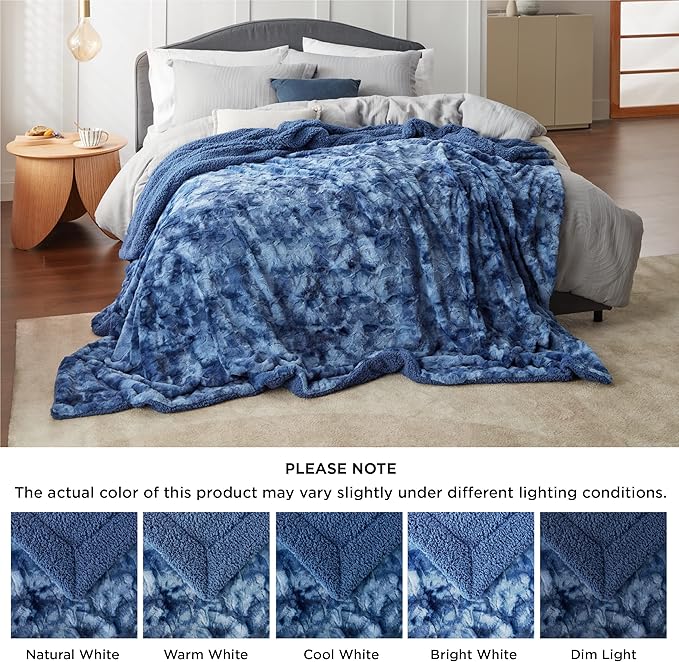 Bedsure GentleSoft Sherpa Fluffy Blanket Queen Size for Bed - Fleece Warm and Cozy for Women Gift, Plush & Fuzzy Faux Fur Christmas Blanket for Couch, Sofa Decor, Tie Dye Design, Indigo, 90x90 Inches