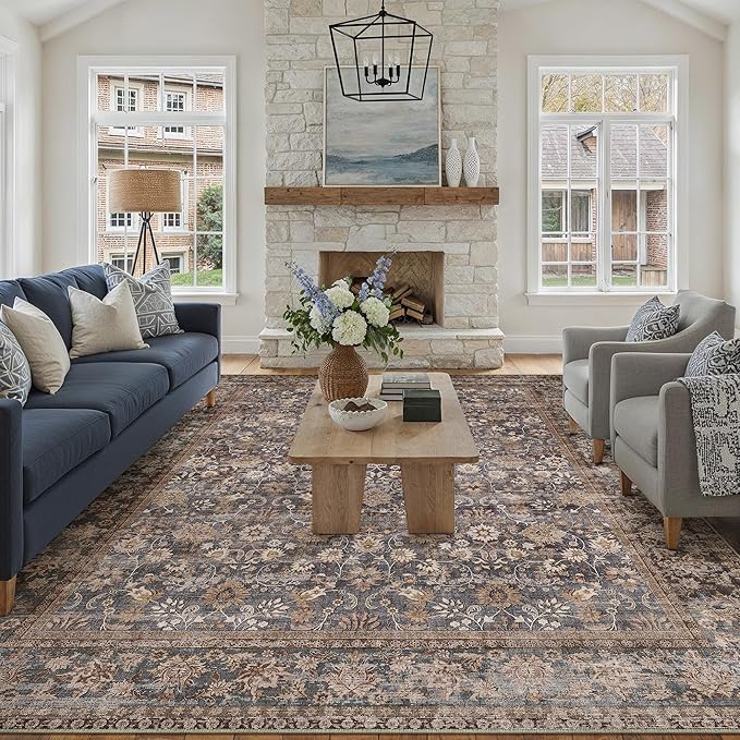 10x14 Brown Blue Vintage Floral Washable Area Rug by HUGEAR
