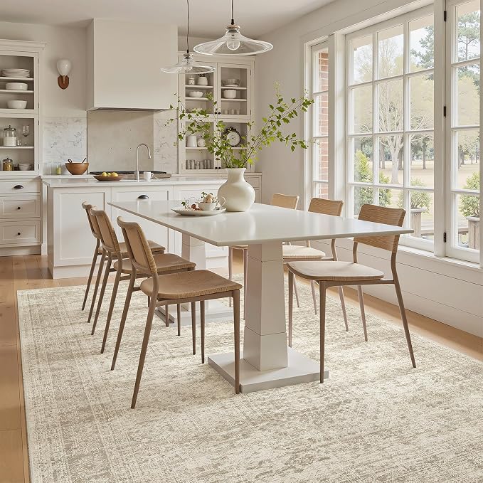 Soalmost 5x8 Area Rugs Beige Low Pile Washable Trendy Faded Style Rug | Vintage - Image 3