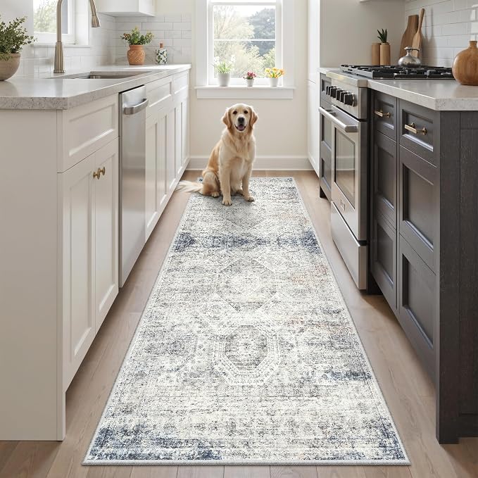 Soalmost Runner Rug 2x6 Washable Kitchen Hallway Runners Blue/Ivory | Non-Slip - Image 3