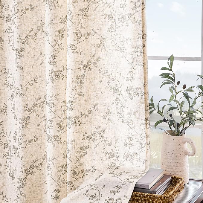 Grey Vintage Floral Linen Curtains Farmhouse 50W X 63L 2 Panels | Elisa Series - Image 8