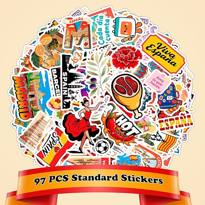 100 PCS Spain Travel Stickers Pack, España Vinyl Waterproof Stickers of Madrid Catalunya Landmarks Flamenco Food and Culture, 9 Sheets for Laptop Water Bottle Scrapbook