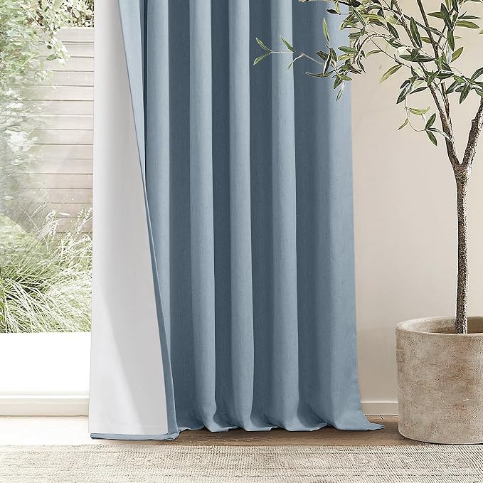 Dusty Blue 100% Black Out Pinch Pleated Linen 63 Inch Curtains - Image 8