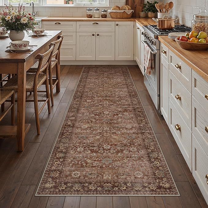 3x8 Brick Red Vintage Floral Washable Runner Rug by HUGEAR