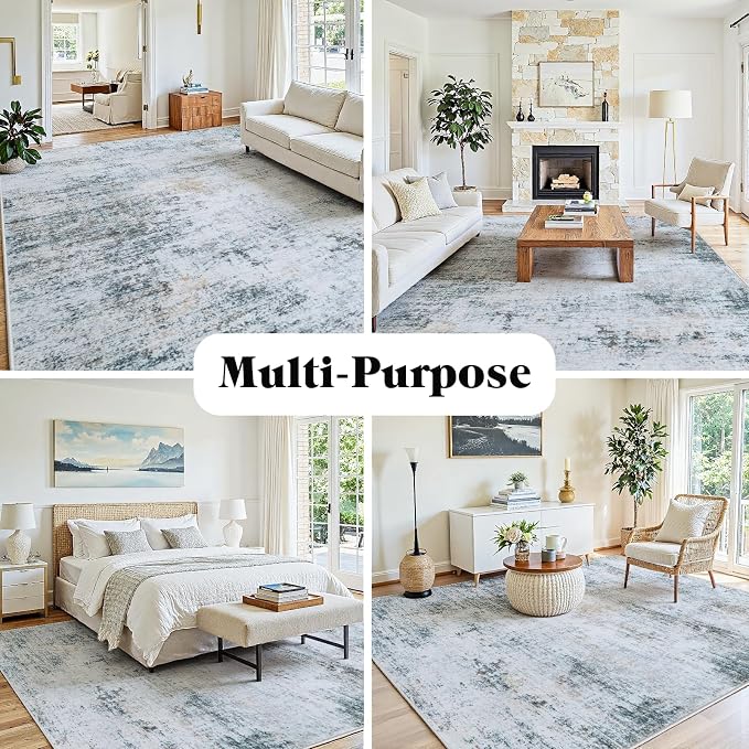 5x7 Washable Area Rug for Living Room Bedroom: Non-Slip Modern Blue Grey | - Image 3