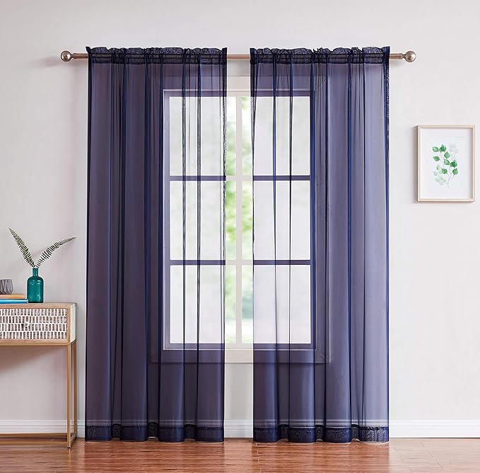 LINENZONE Pair of 2 Rod Pocket Voile Window Treatments. Great Farmhouse Style Sheer Curtains for Living Room, Bedroom, Dining Room, Patio or Canopy Bed. (Amazing Sheers - 56" W x 84" L, Blue Navy)