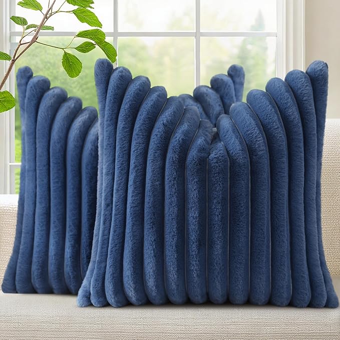 decorUhome Fall Faux Fur Throw Pillow Covers 16x16 Set of 2 Navy Blue | by decorUhome