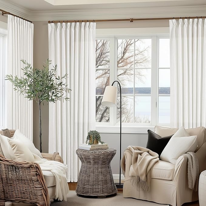 90 Inches Long Linen Curtains 60 Inch Width Pinch Pleated Beige White | Ivory - Image 6
