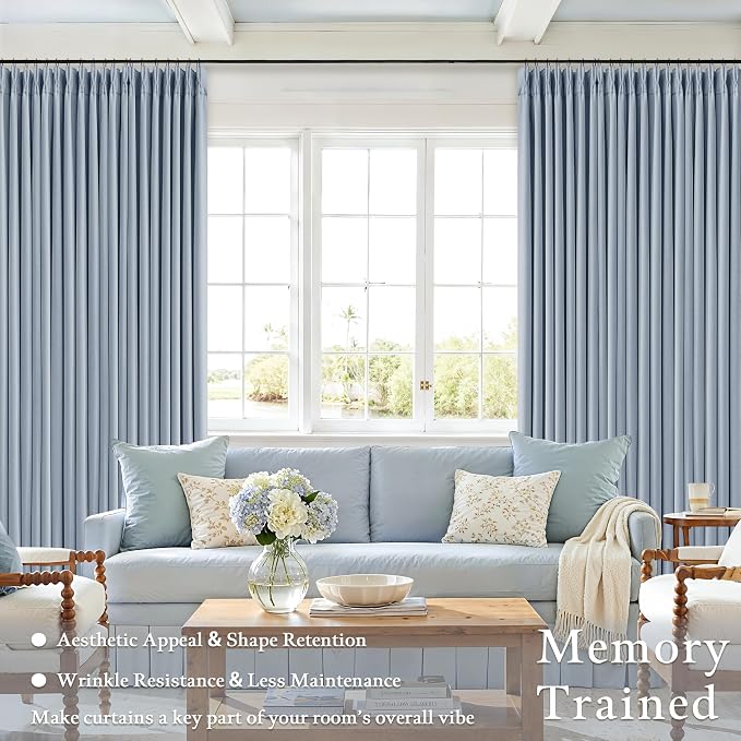 Blue Pinch Pleated Linen Blackout Dual Layer Curtains 108 Inches Length | Light - Image 7