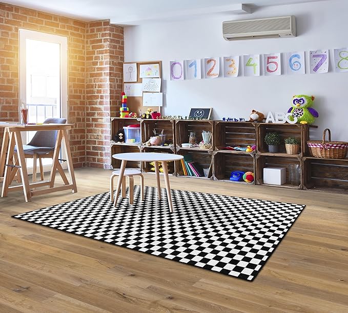 Flagship Carpets Schoolgirl Style Black and White Checkerboard Educational Area Rug for Kids Room Seating Décor, Children's Classroom, Play Carpet for Teaching and Playroom, 5' x 7'6"