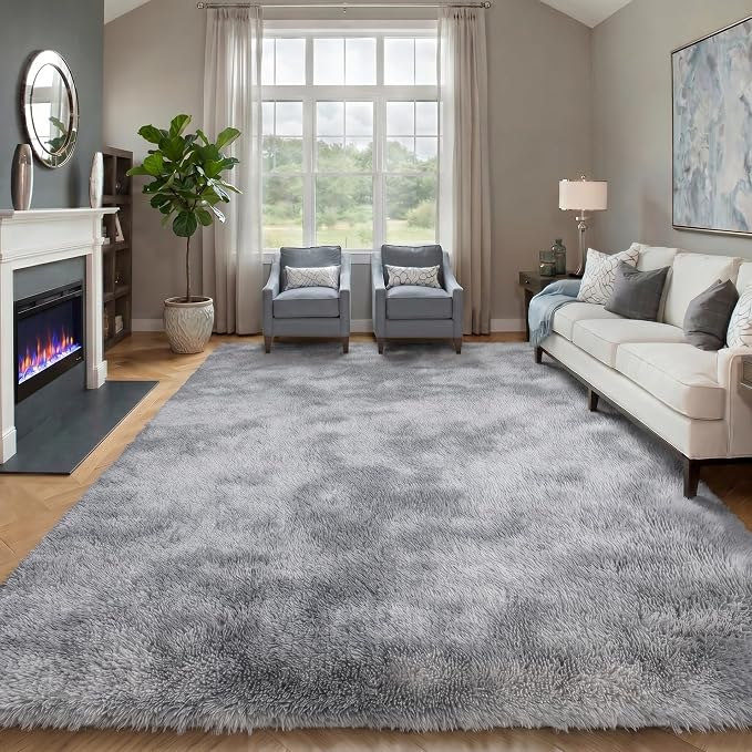 6x9 Area Rugs for Living Room, Large Tie-Dyed Light Grey Fluffy Shag Rug for by ONASAR